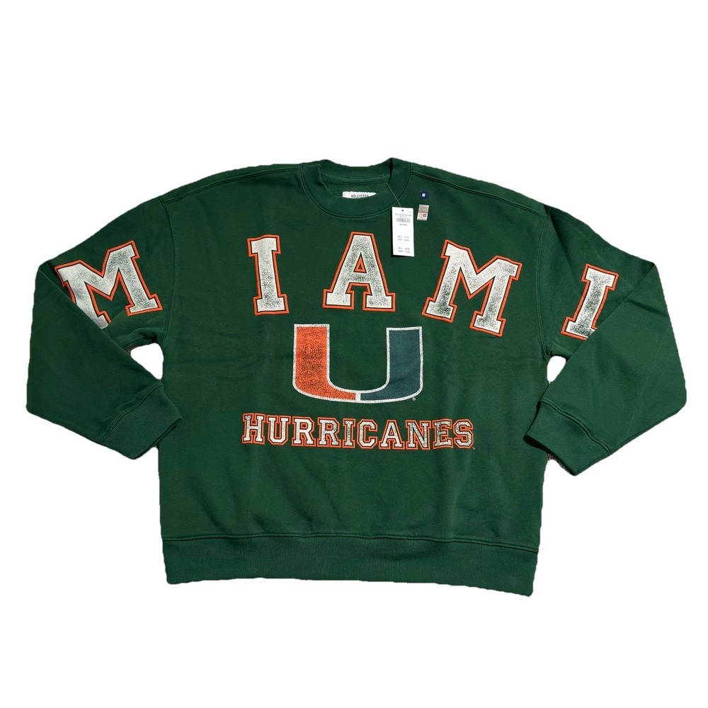 Hollister Miami Hurricanes Sweatshirt Mens Sz M Green Boxy Fit Crewneck Pullover